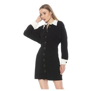 Alexia Admor Dress Button Down Velvette Contrast Collar Dolman Black White Sz 6